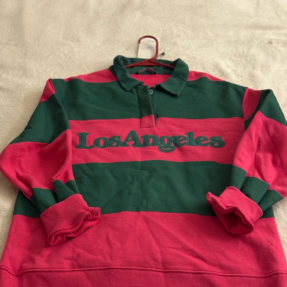 Zara Green and Red Striped Men's Zip-Up Sweater
